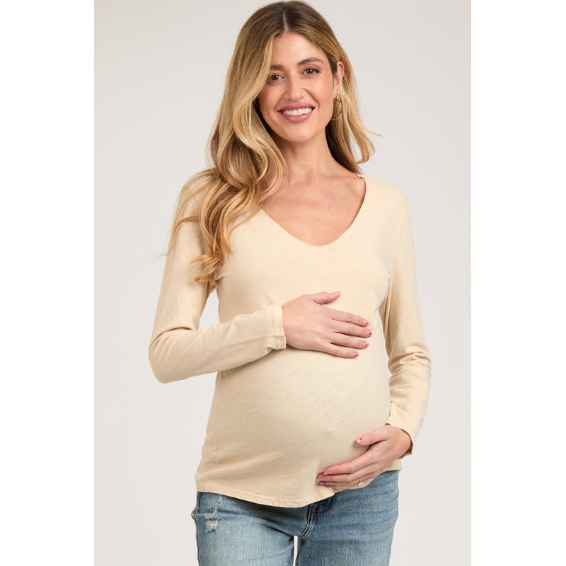 Beige Long Sleeve Maternity Shirt