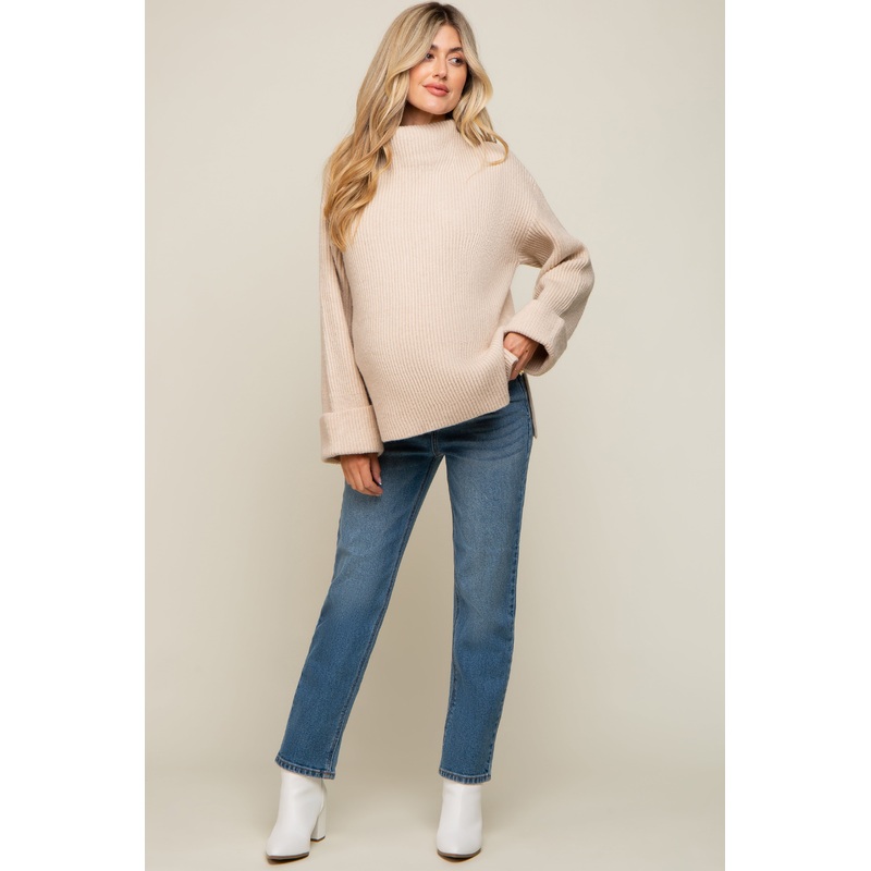 Beige Mock Neck Chunky Knit Maternity Sweater
