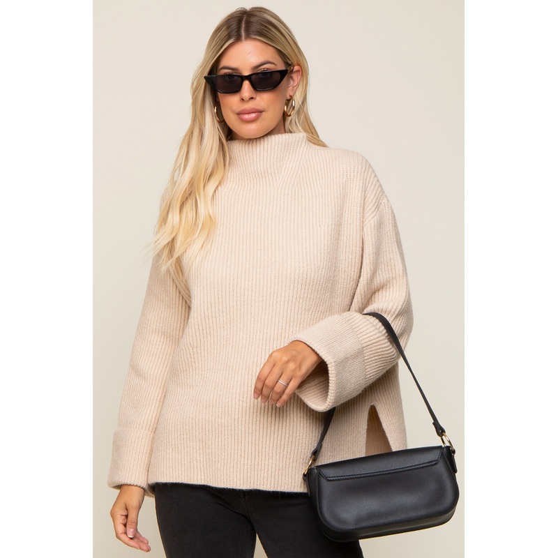 Beige Mock Neck Chunky Knit Sweater