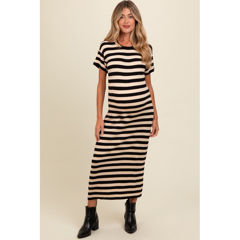 Beige Striped Knit Maternity Midi Dress