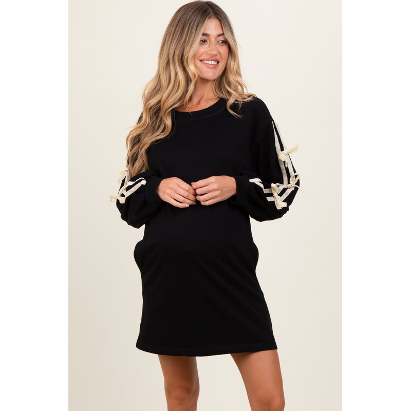 Black Bow Detail Long Sleeve Sweatshirt Maternity Mini Dress