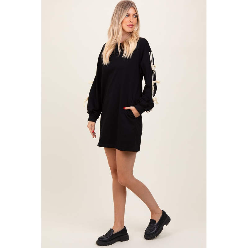 Black Bow Detail Long Sleeve Sweatshirt Mini Dress