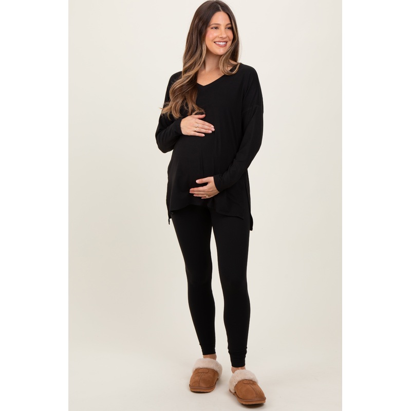 Black Brushed Knit Maternity Oversized Top and Legging Set