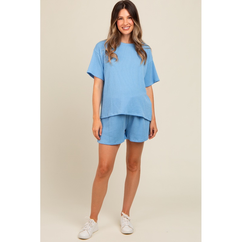 Blue Ribbed Maternity Shorts Set