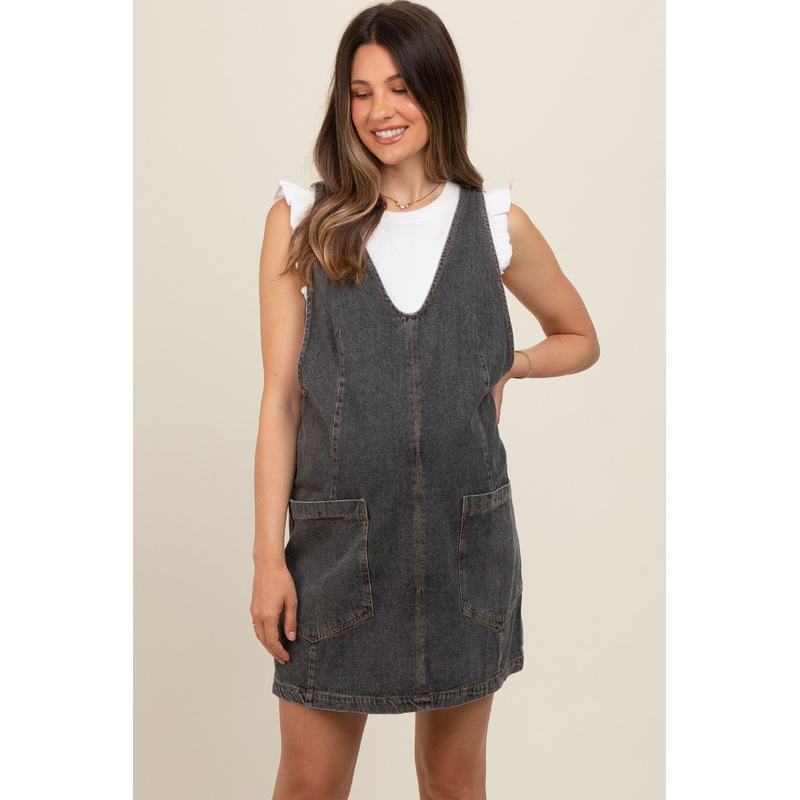 Charcoal Denim Front Pocket Maternity Skirt Overalls