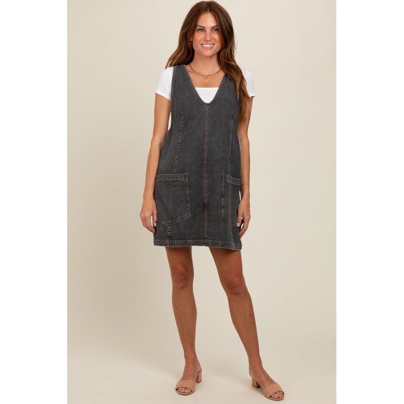 Charcoal Denim Front Pocket Skirt Overalls