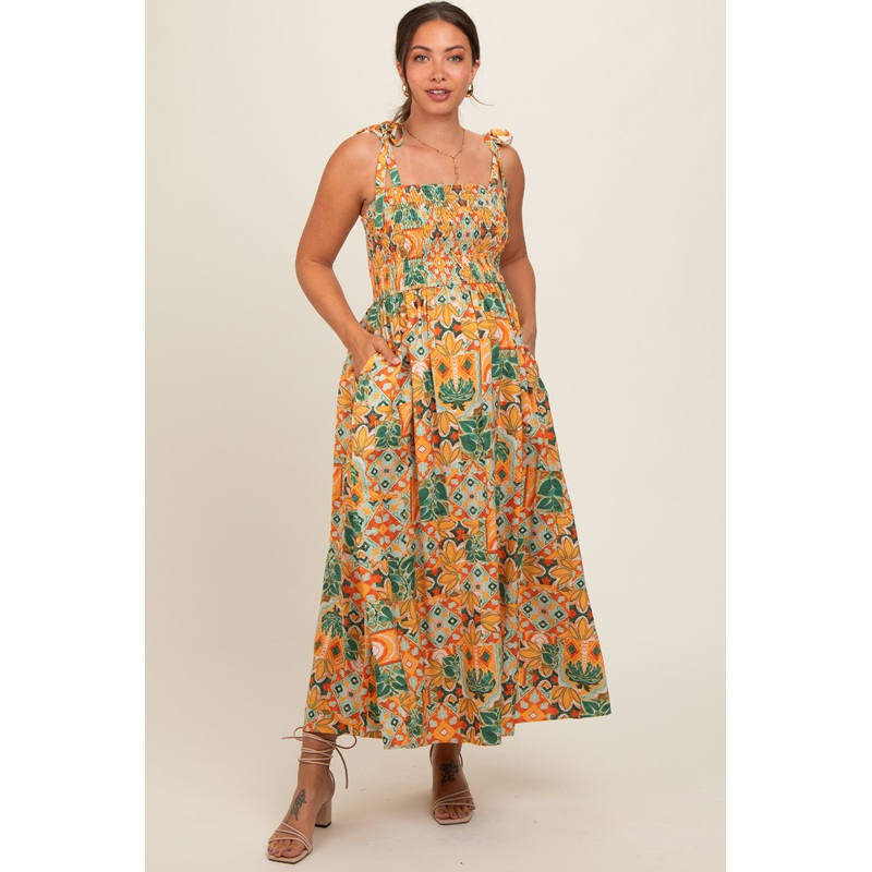 Yellow Floral Smocked Shoulder Tie Maternity Maxi Dress