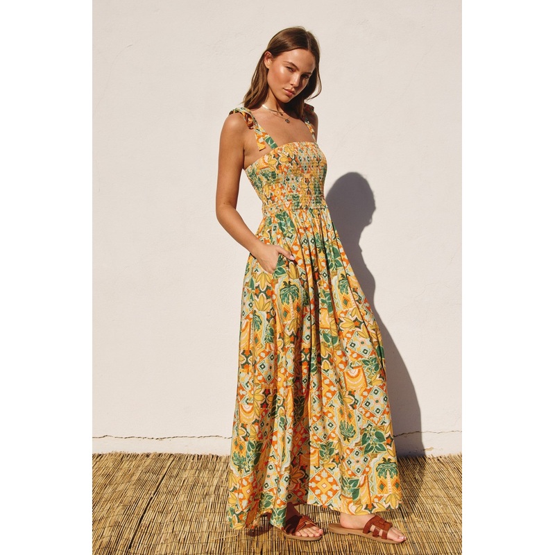 Yellow Floral Smocked Shoulder Tie Maxi Dress