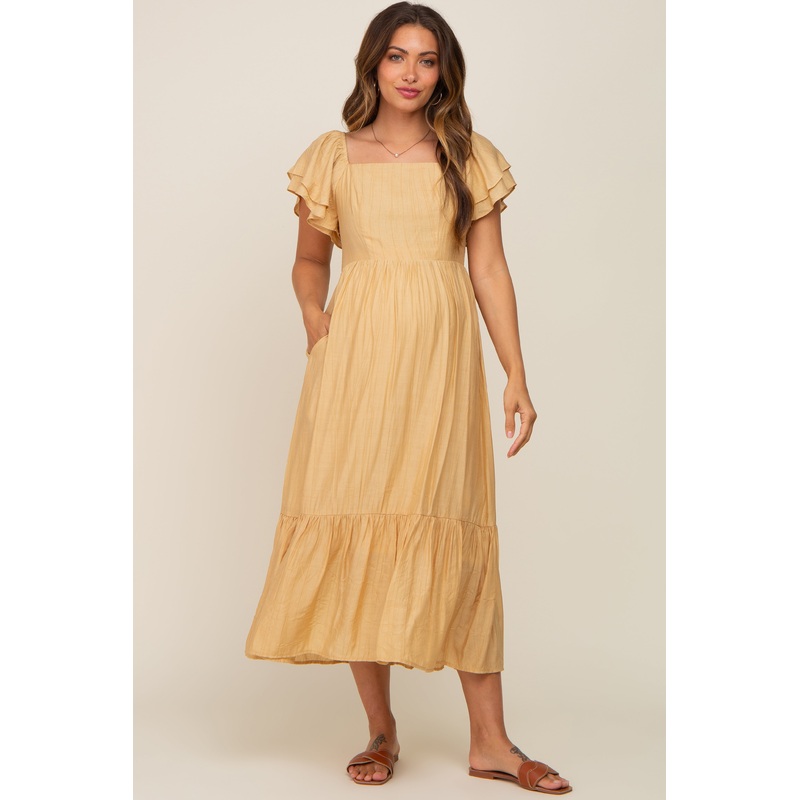 Yellow Flutter Sleeve Maternity Midi Dress