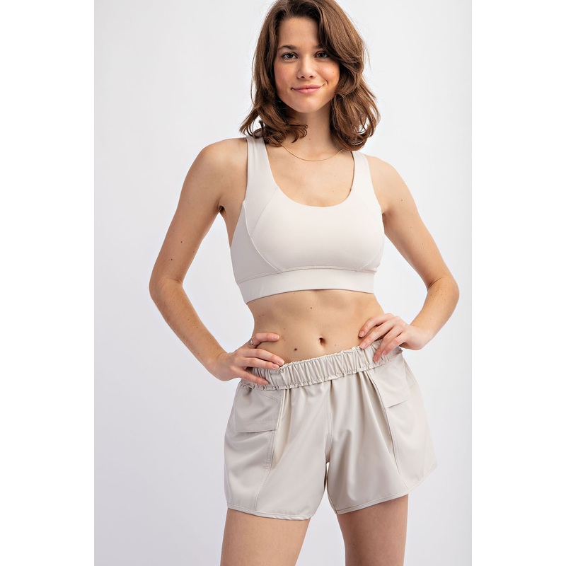 Beige Elastic Waist Side Pocket Active Shorts