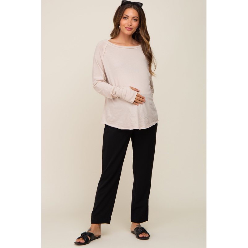 Beige Exposed Seam Long Sleeve Maternity Top