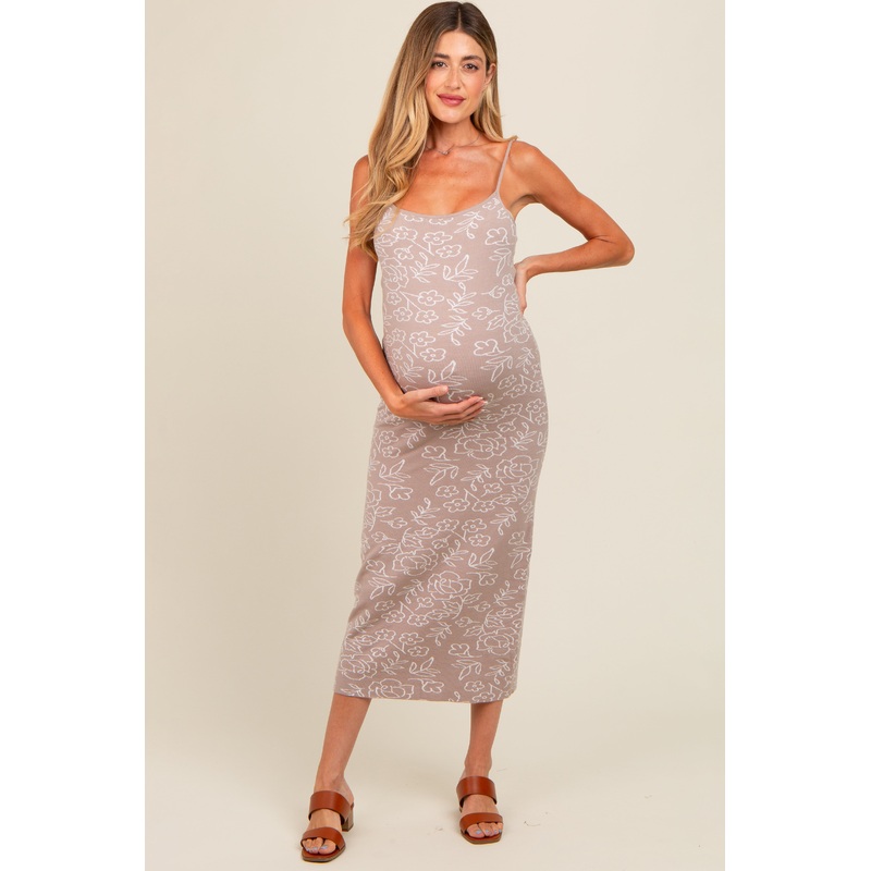 Beige Floral Knit Fitted Maternity Midi Dress