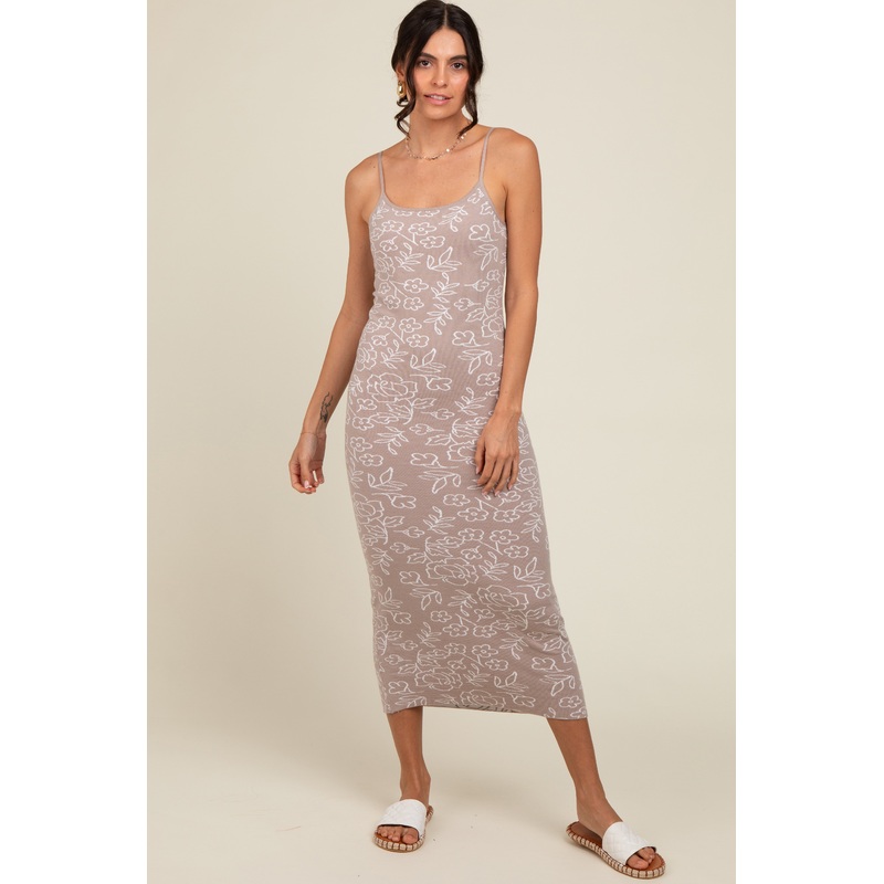 Beige Floral Knit Fitted Midi Dress