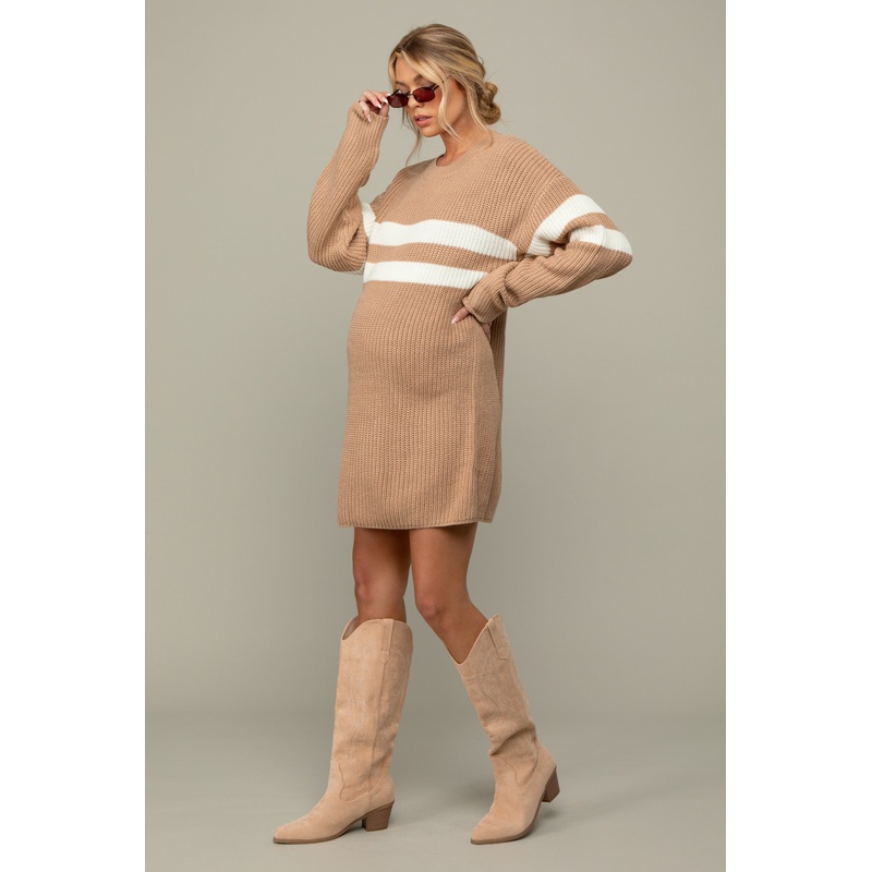 Beige Relaxed Fit Striped Mini Maternity Sweater Dress