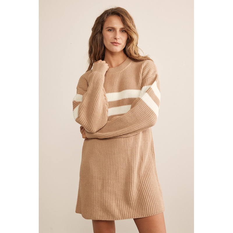 Beige Relaxed Fit Striped Mini Sweater Dress