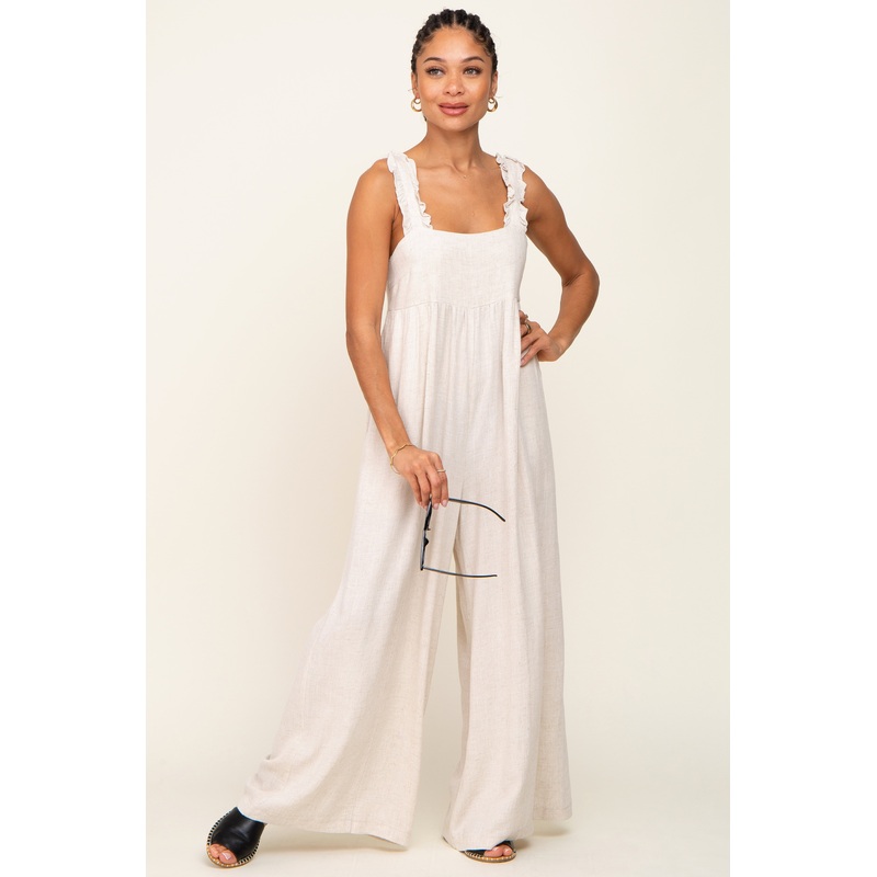 Beige Ruffle Trim Back Tie Jumpsuit
