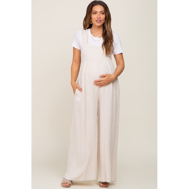 Beige Ruffle Trim Back Tie Maternity Jumpsuit