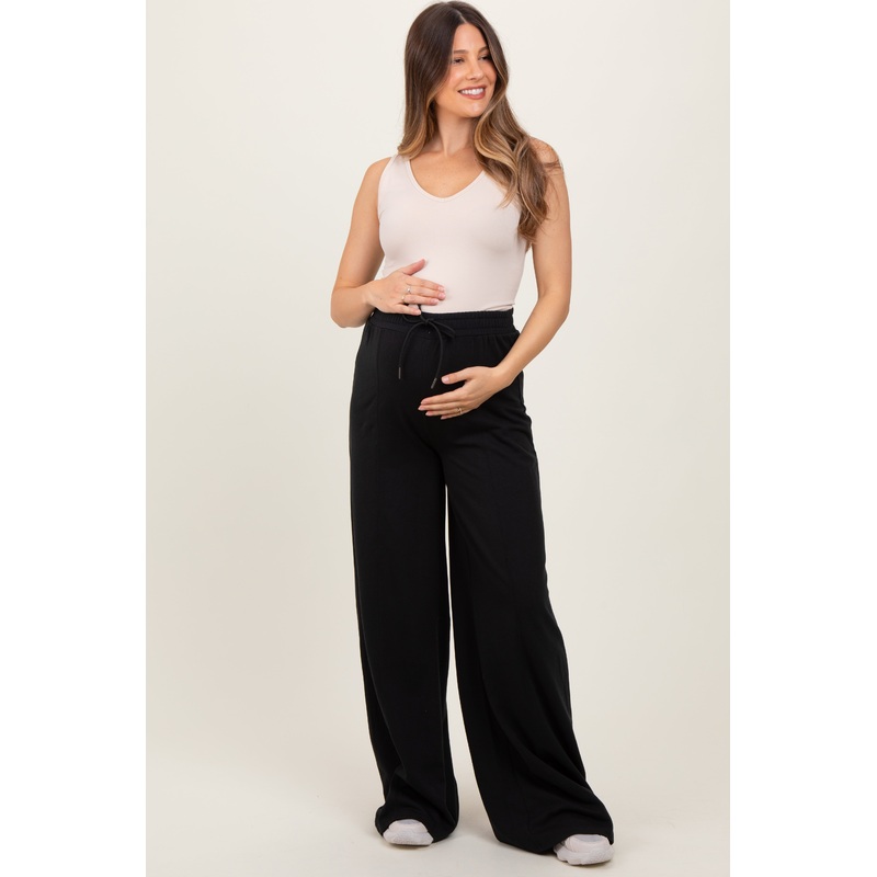 Black Wide Leg Drawstring Maternity Sweatpants