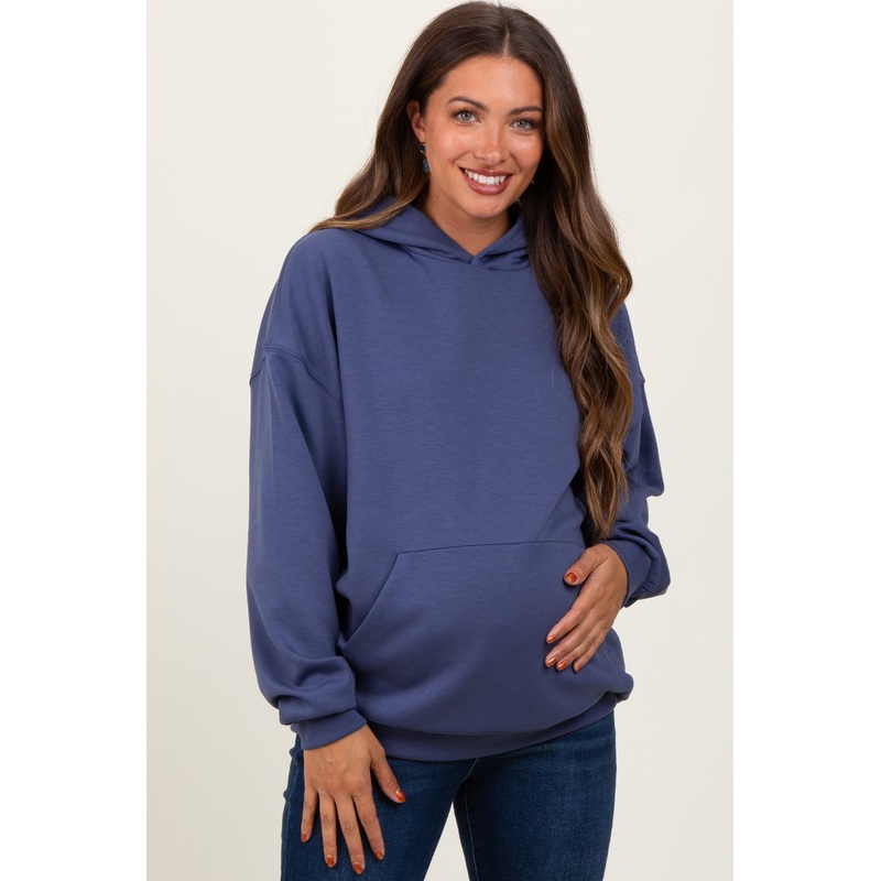 Blue Basic Maternity Hoodie Sweatshirt