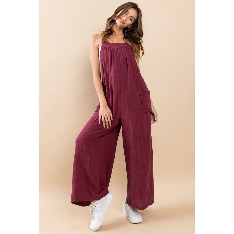 Burgundy Wide Leg Tie Back Overalls