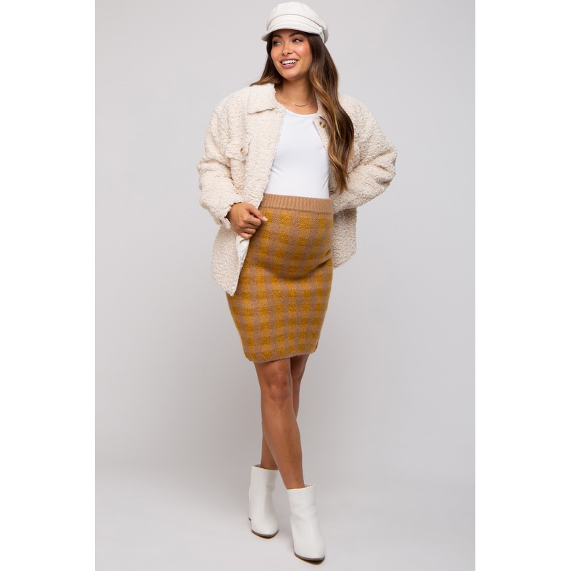 Camel Plaid Fuzzy Knit Fitted Maternity Skirt