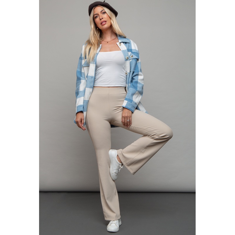 Cream Ribbed Flared Leggings