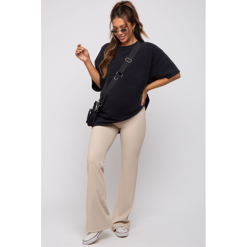 Cream Ribbed Maternity Flared Leggings
