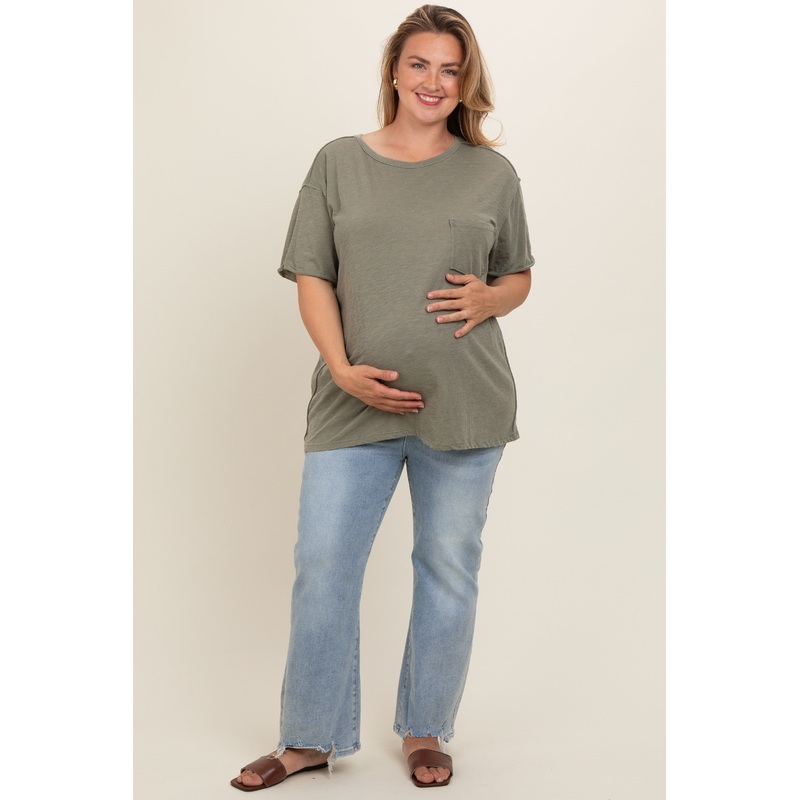 Light Blue Distressed Hem Maternity Plus Jeans
