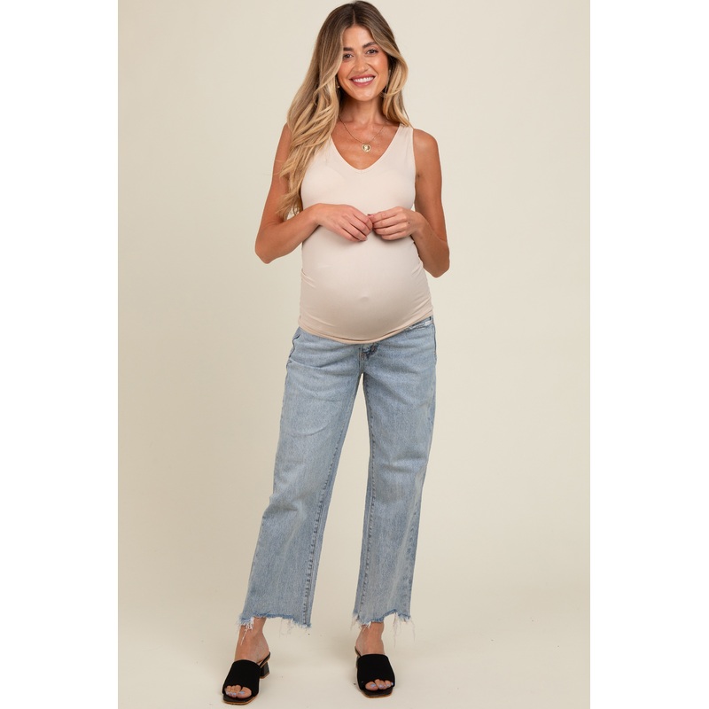Light Blue Fringe Hem Maternity Cropped Straight Leg Jeans
