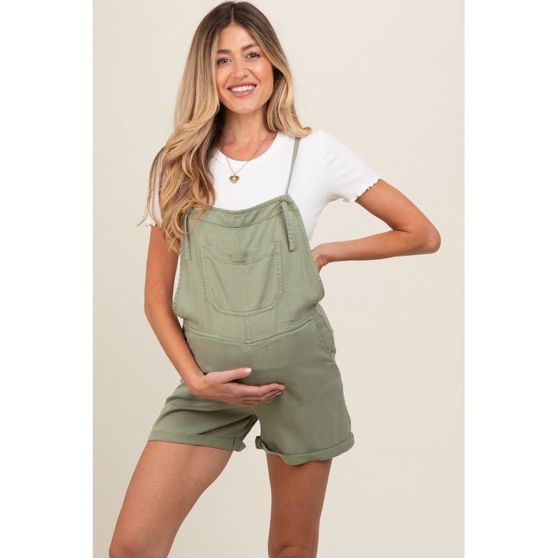 Light Olive Front Pocket Maternity Overall Shorts
