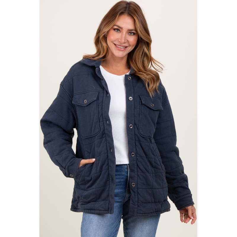 Navy Oversized Collared Button Down Quilted Jacket