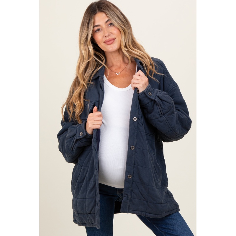 Navy Oversized Collared Button Down Quilted Maternity Jacket
