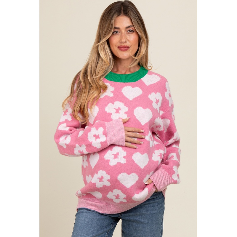 Pink Floral Heart Print Maternity Sweater