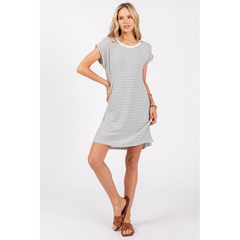White Striped Maternity Side Slit T-Shirt Dress