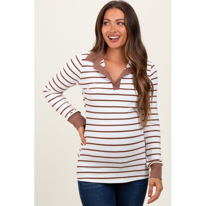 White Striped Ribbed Collared Long Sleeve Maternity Top