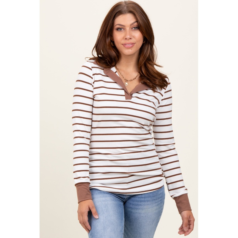 White Striped Ribbed Collared Long Sleeve Top