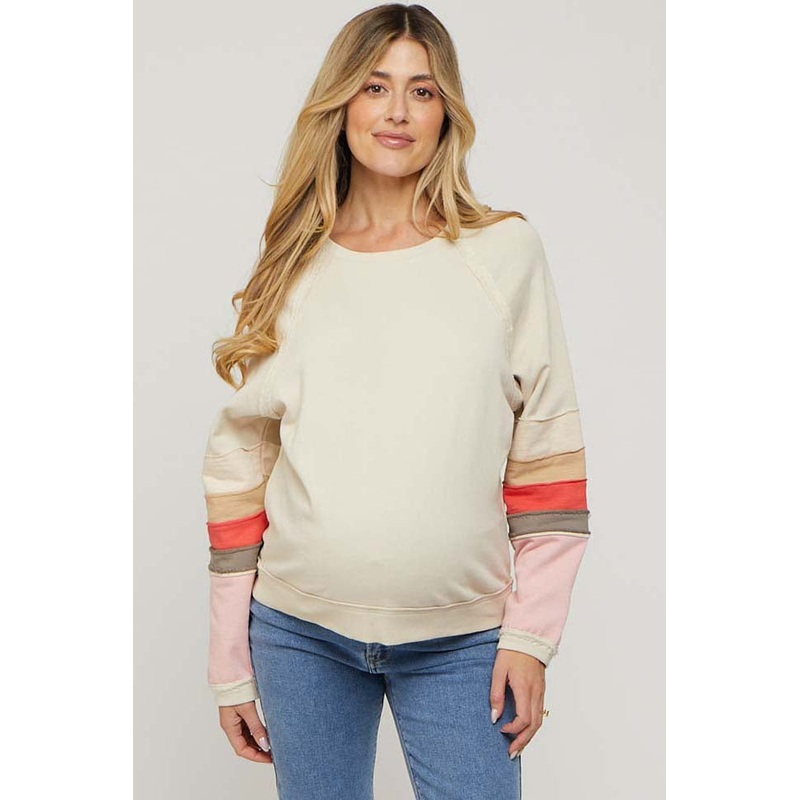 Beige Colorblock Pullover Terrycloth Maternity Sweater