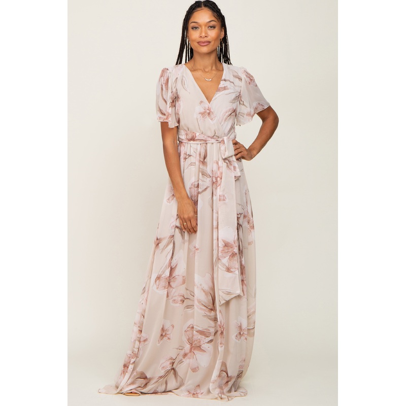 Beige Floral Chiffon Wrap Front Short Sleeve Maxi Dress