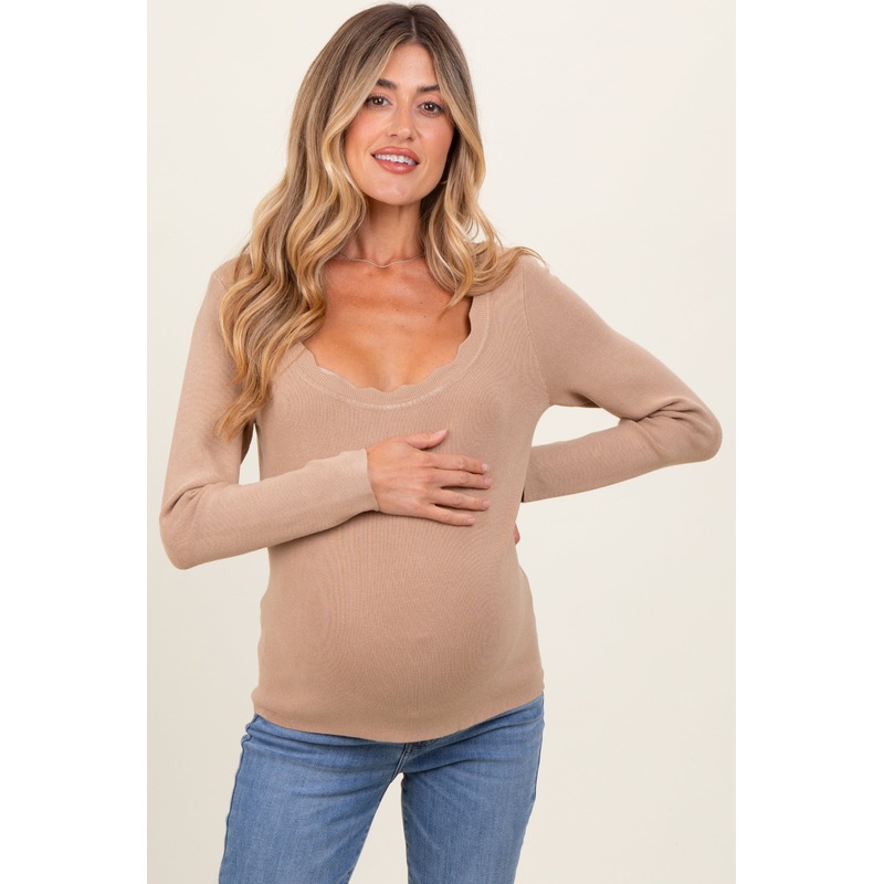 Beige Scallop Hem Square Neck Maternity Sweater
