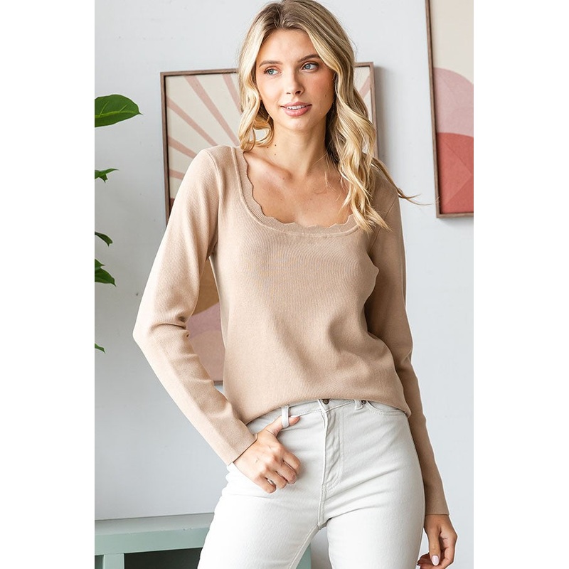 Beige Scallop Hem Square Neck Sweater