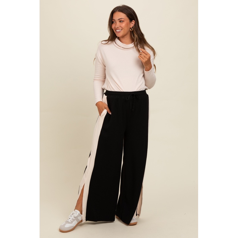 Black Contrast Stripe Side Slit Maternity Pants
