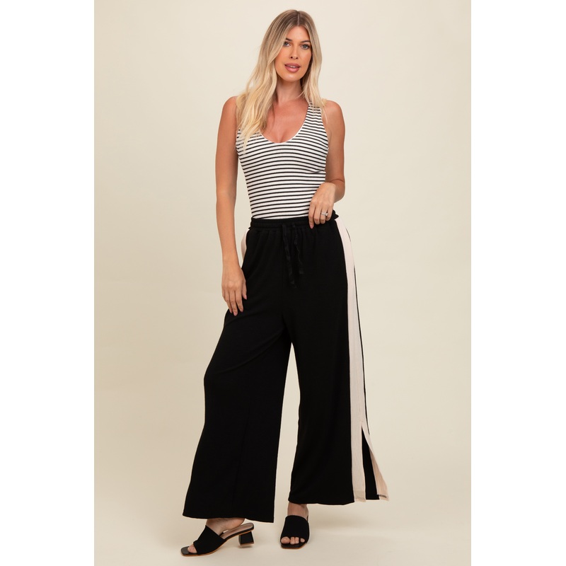 Black Contrast Stripe Side Slit Pants