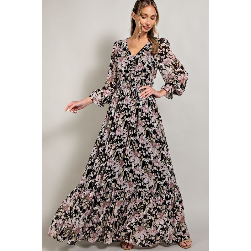 Black Floral Chiffon Button Front Smocked Waist Maxi Dress
