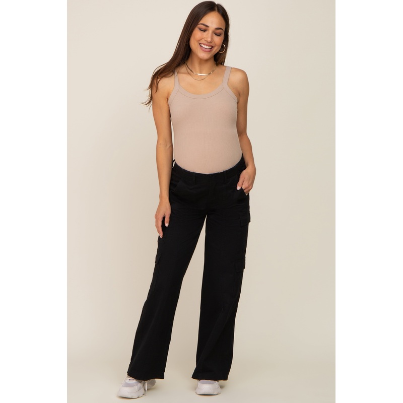 Black Maternity Double Pocket Wide Leg Cargo Pants