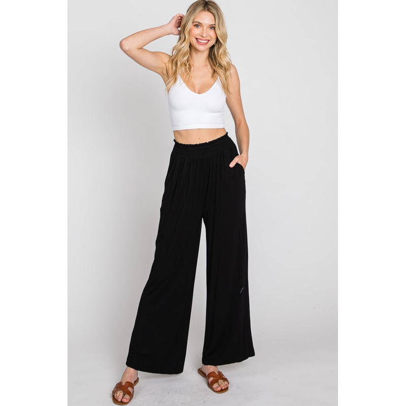 Black Smocked Waist Wide Leg Lounge Pants