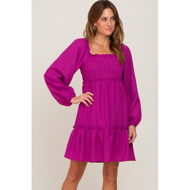 Magenta Textured Shirred Long Sleeve Dress