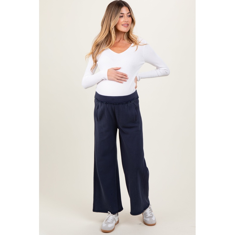 Navy Ribbed Side Panel Wide Leg Maternity Sweatpants