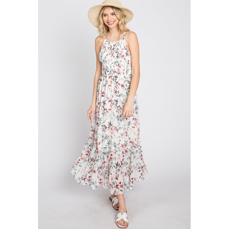 White Floral Chiffon Smocked Midi Dress