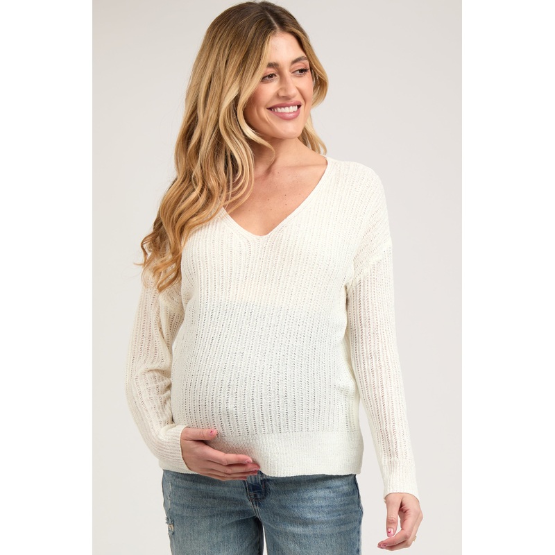 White Knit V-Neck Maternity Long Sleeve Top