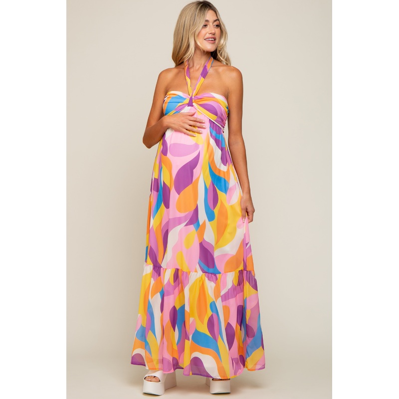 Yellow Printed Halter Maternity Maxi Dress